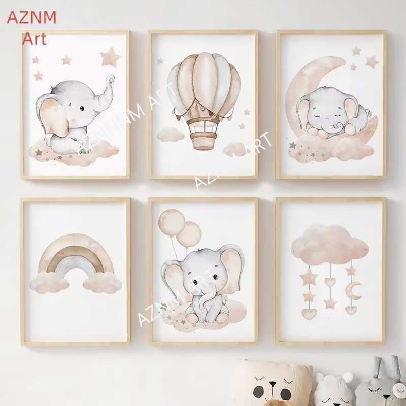 Baby Nursery Art - Olifant Ballon Regenboog Maan Sterren Wolk