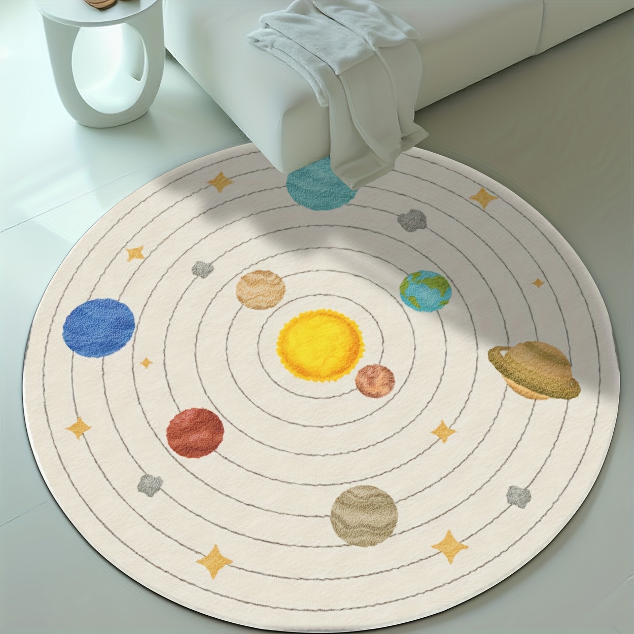 Baby Nursery Rug - Schattig rond kinderkamerkleed met zonnestelselplaneten, zacht