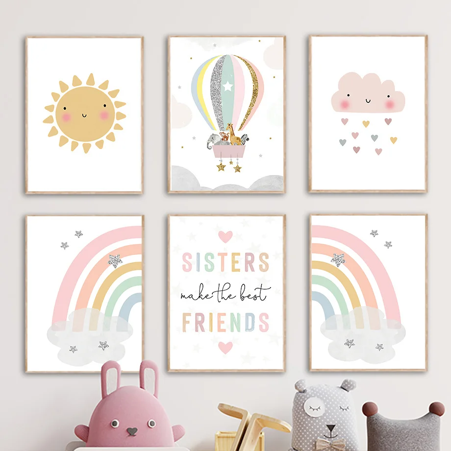 Baby Nursery Art - Giraffe Olifant Heteluchtballon Zon Regenboog Kinderkamer
