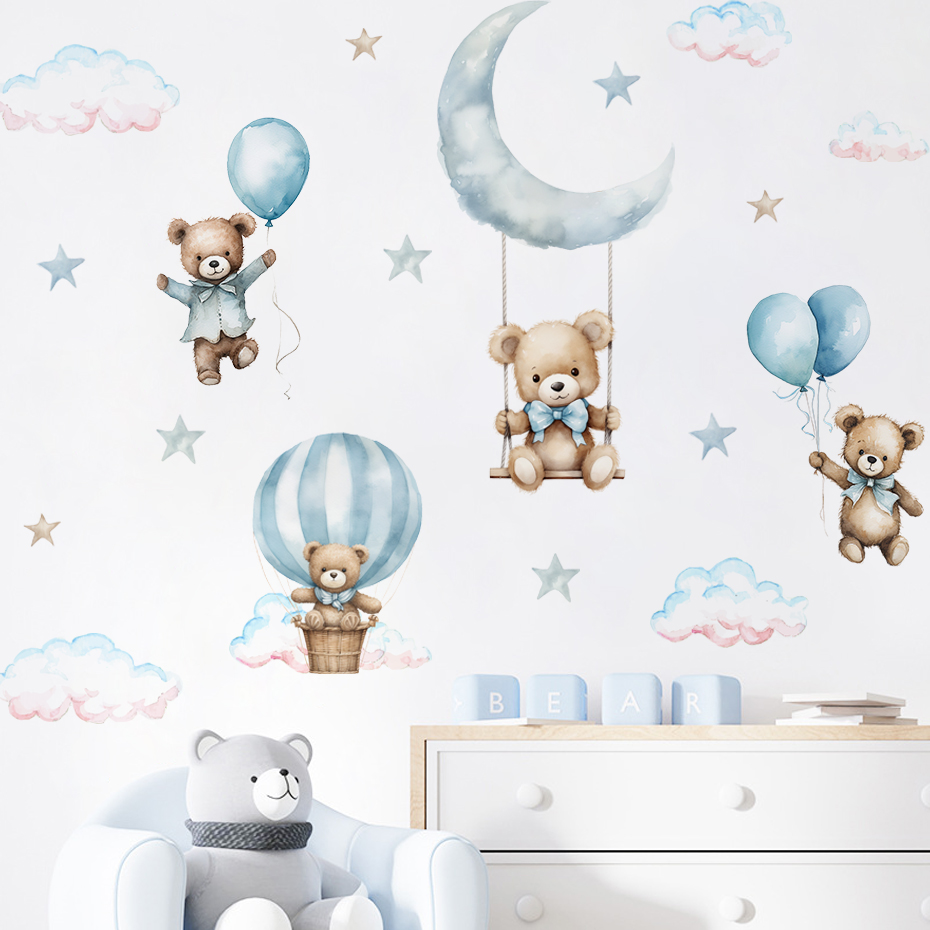 Baby Nursery Package - Aquarel beer heteluchtballon wolk muurstickers blauwe
