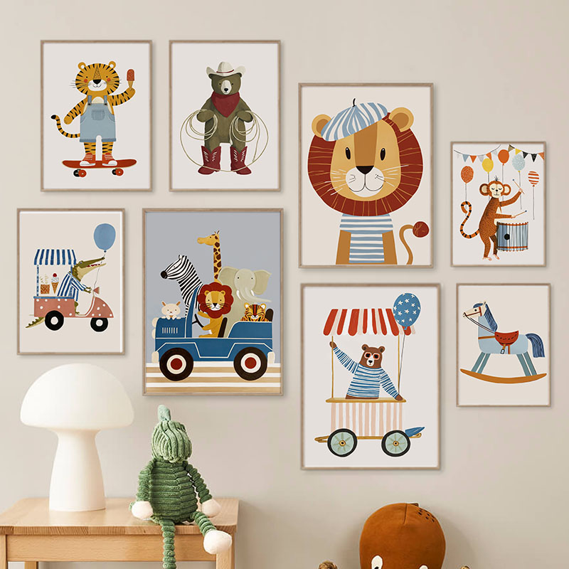 Baby Nursery Art - Grappige cartoon dieren auto ballon kinderkamer