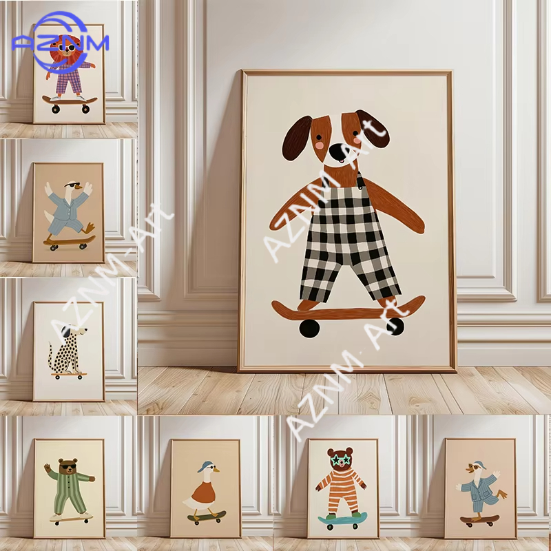 Baby Nursery Art - 1PC Grappige Dieren Skateboarden Poster Trendy