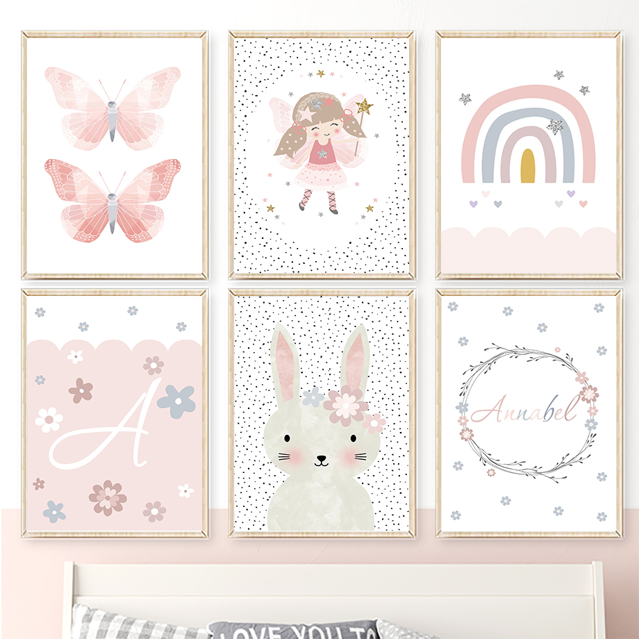 Baby Nursery Art - Schattig meisje konijn bloem vlinder regenboog
