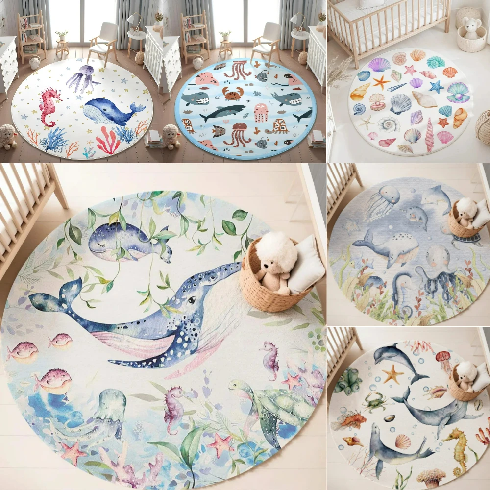 Baby Nursery Rug - Blauw mariene dieren rond tapijt voor